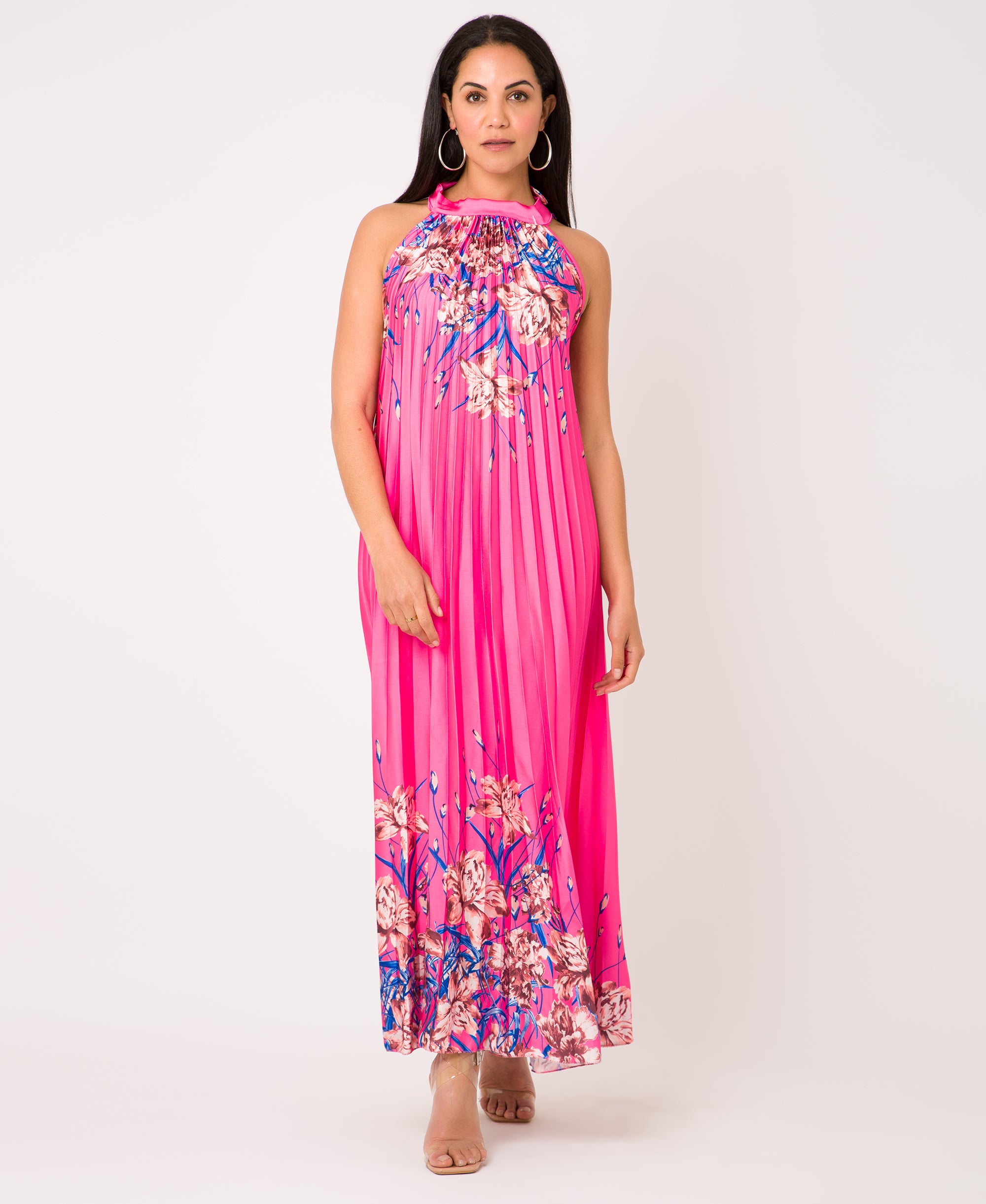 KRISP Floral Print Pleated Satin Halterneck Maxi Dress (11110)